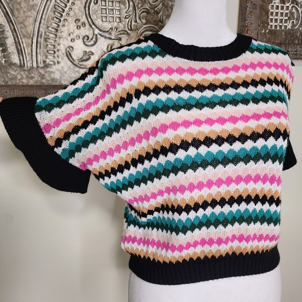 Colorful Textured Striped Knit Flutter Sleeve Lightweight Knit Sweater Top Sm